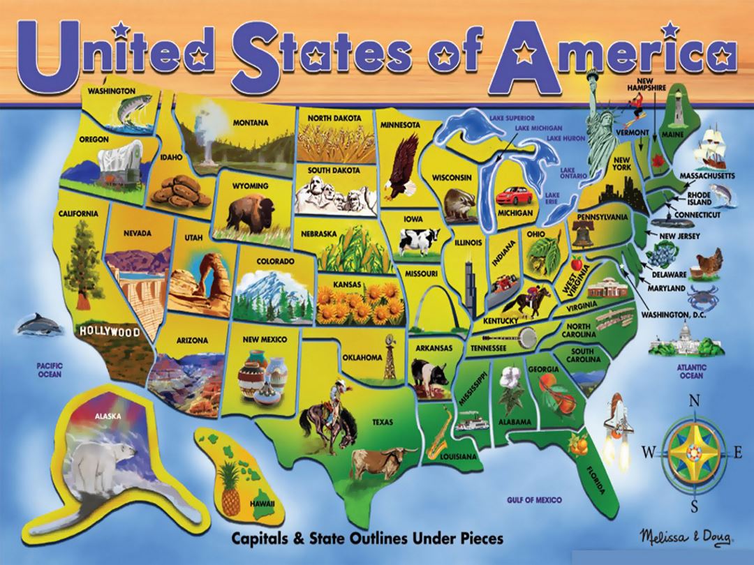 Детальная туристическая иллюстрированная карта Соединенных Штатов Америки