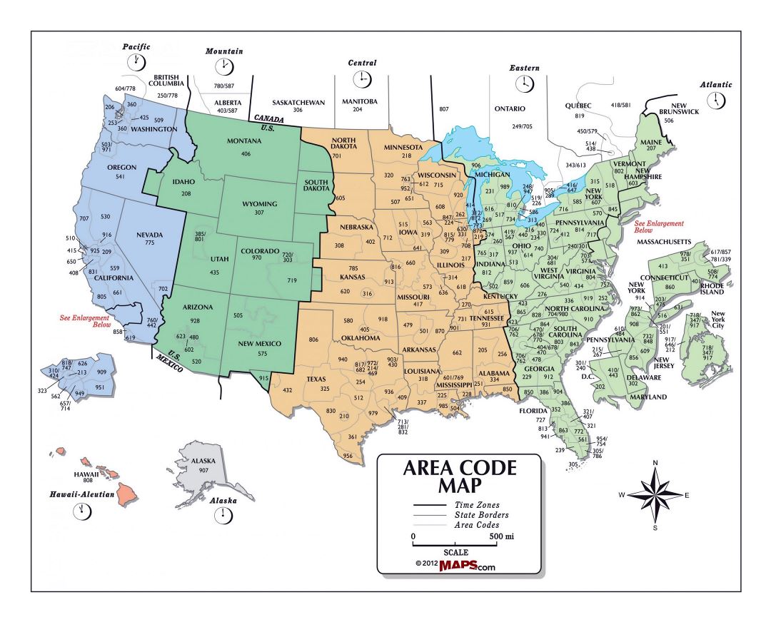 Большая карта кодов городов США