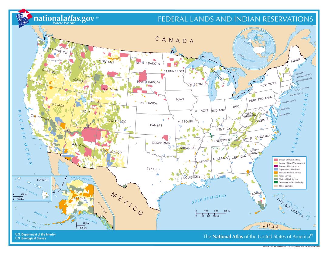 Большая детальная карта федеральных земель и индейских резерваций США - 2003