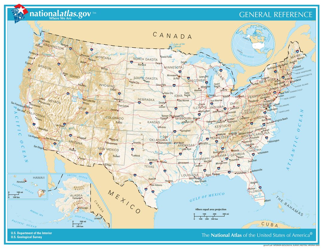 Большая детальная общая справочная карта США - 2003