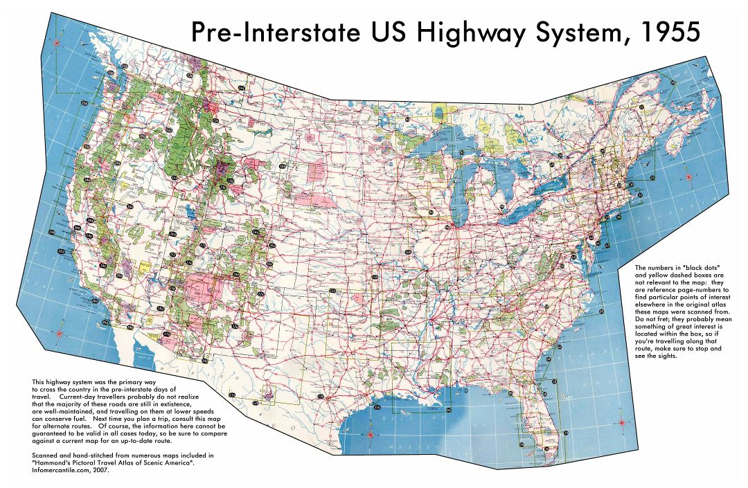 Большая детальная карта системы автомобильных дорог США - 1955