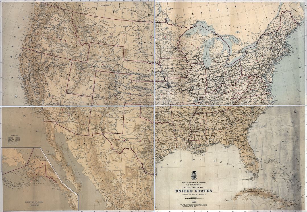 Большая детальная старая военная карта США - 1869