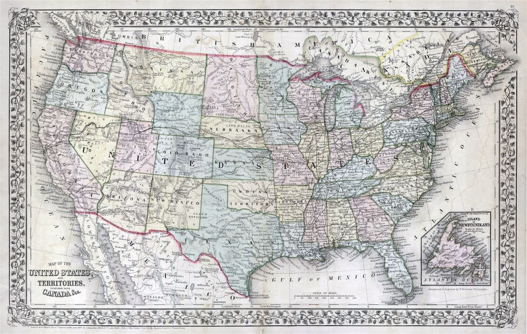 Большая детальная старая политическая и административная карта Соединенных Штатов Америки с другими пометками - 1867