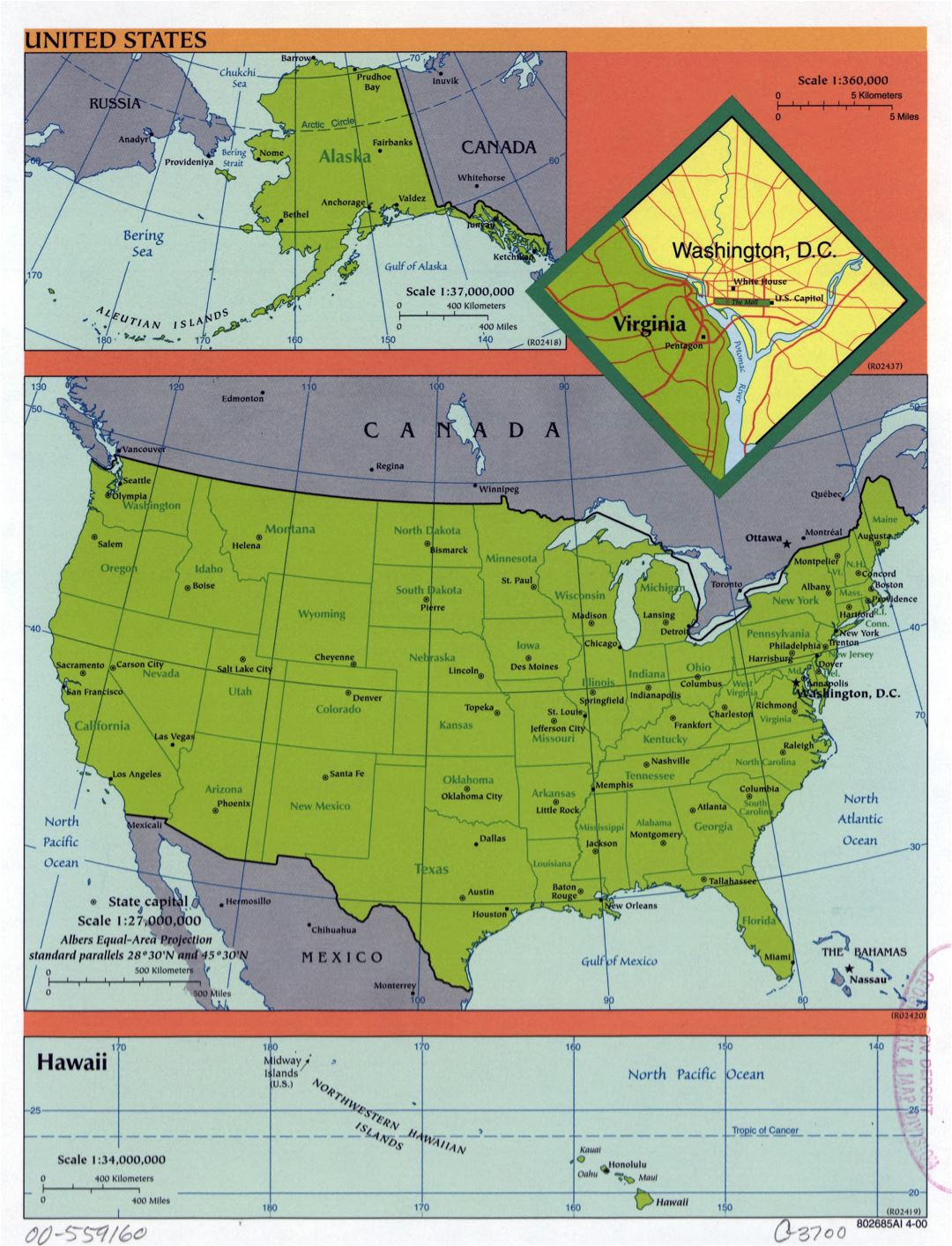 Большая детальная политическая и административная карта Соединенных Штатов Америки- 2000