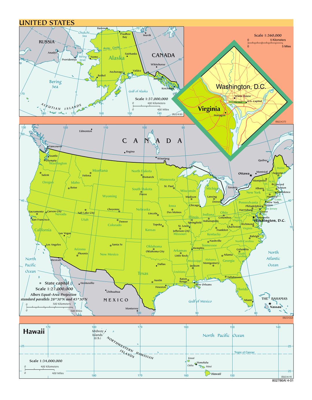Большая подробная политическая и административная карта США - 2001
