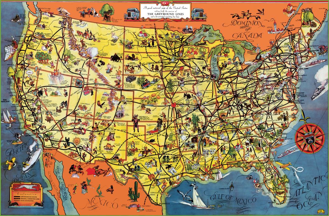 Большая подробная туристическая иллюстрированная карта США