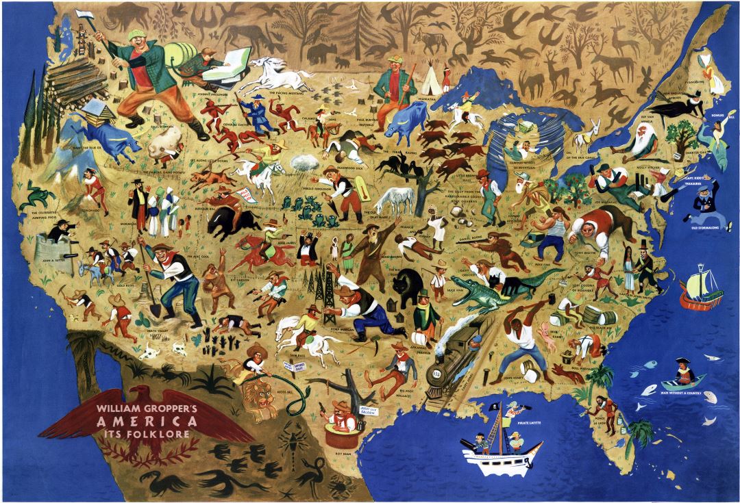 Большая подробная карта Америки Уильяма Гроппера и ее фольклор - 1946