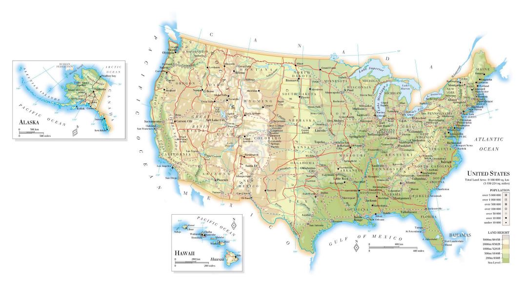 Большая карта высот Соединенных Штатов Америки с дорогами, железными дорогами, крупными городами и аэропортами