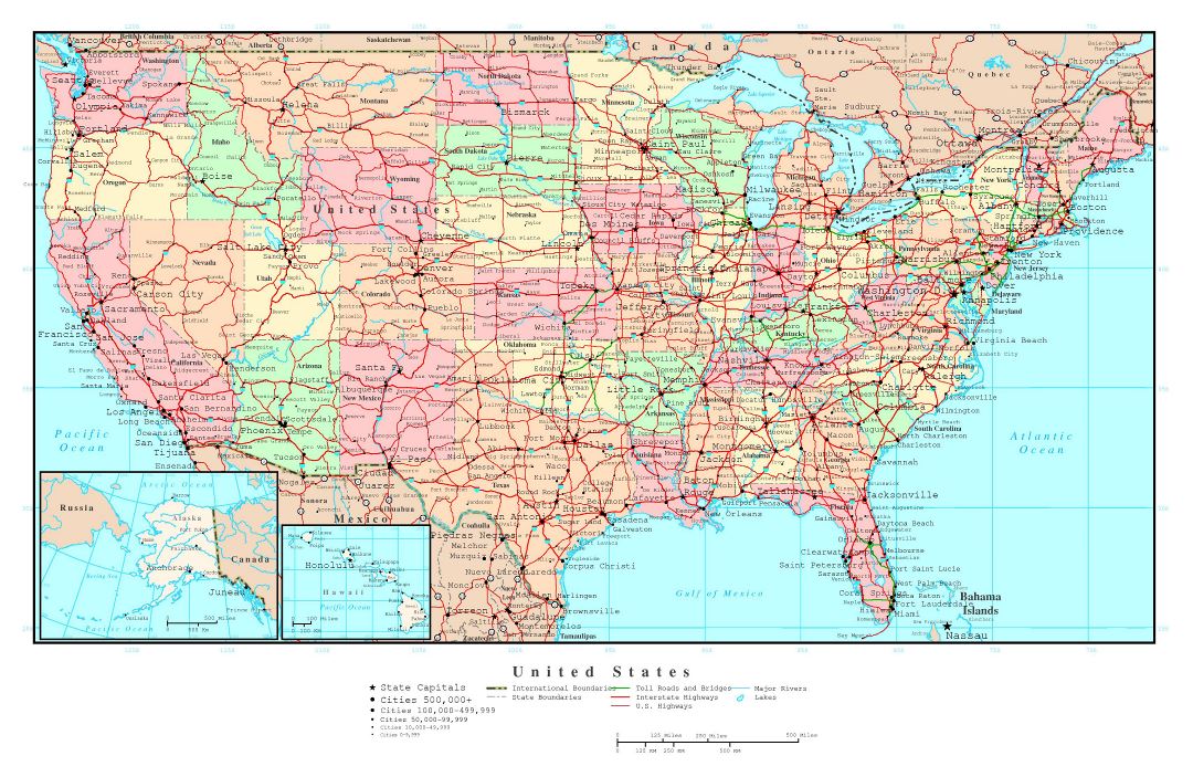 Большая политическая и административная карта США с дорогами и всеми городами