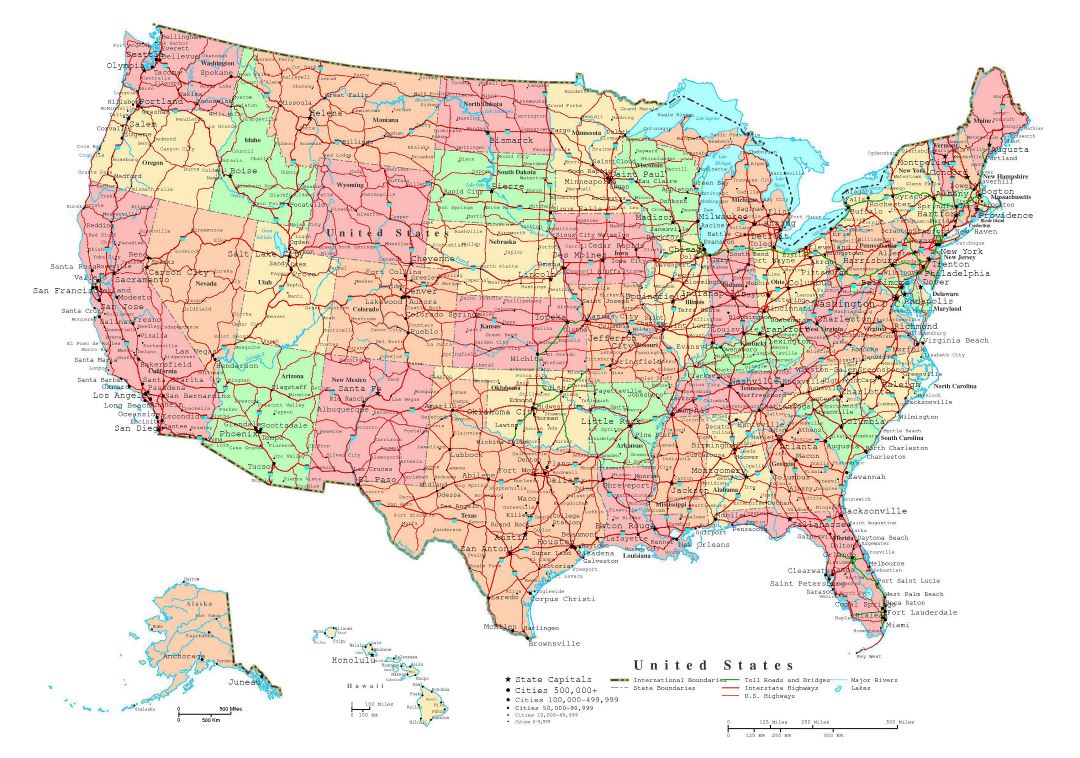 Большая политическая и административная карта США с дорогами и городами