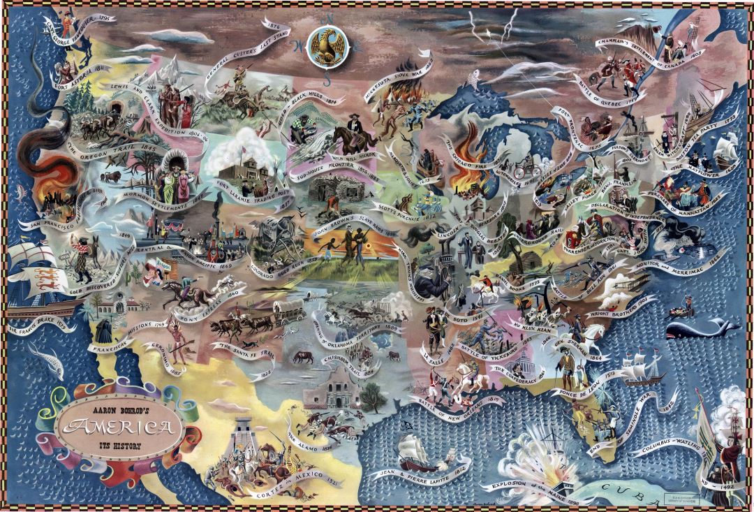 Крупномасштабная детальная карта истории Америки Аарона Борода - 1946