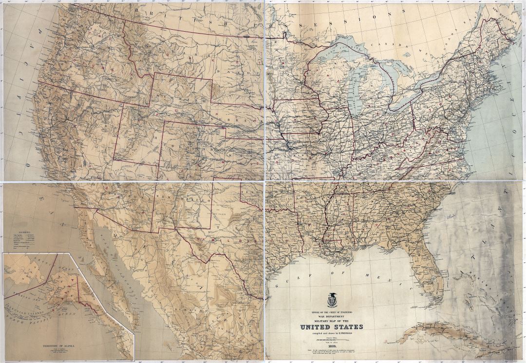 Крупномасштабная детальная старая военная карта США - 1869