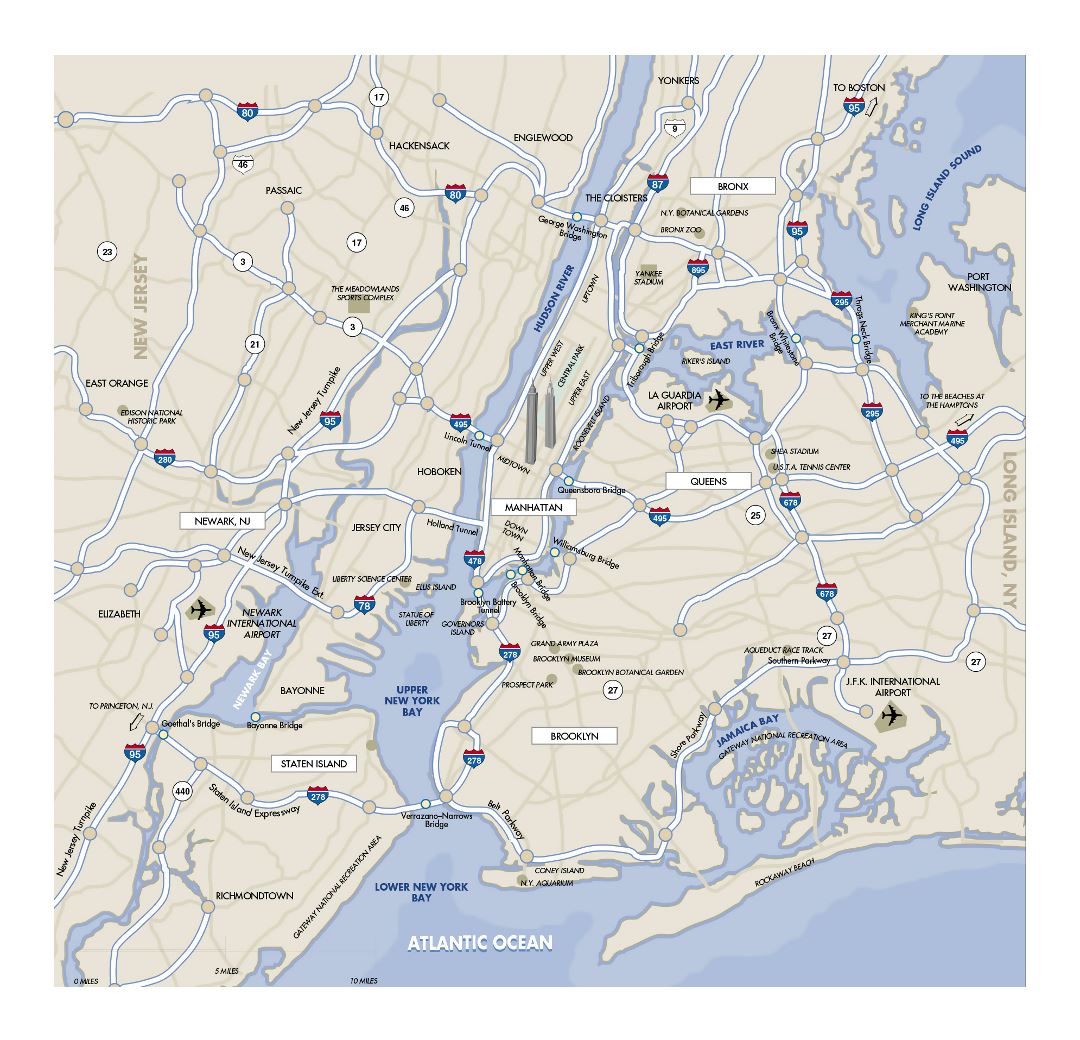 Детальная карта автомобильных дорог Нью-Йорка с аэропортами