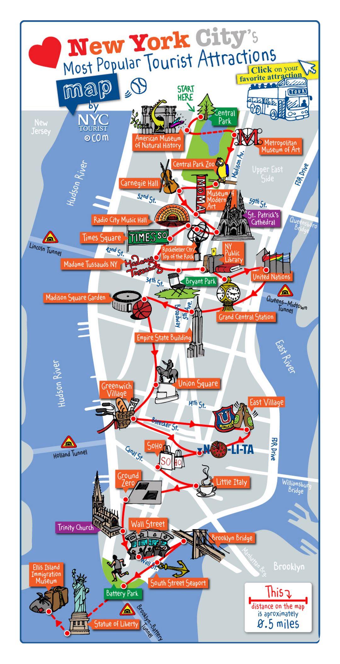Детальная карта самых популярных туристических достопримечательностей Манхэттена, город Нью-Йорк