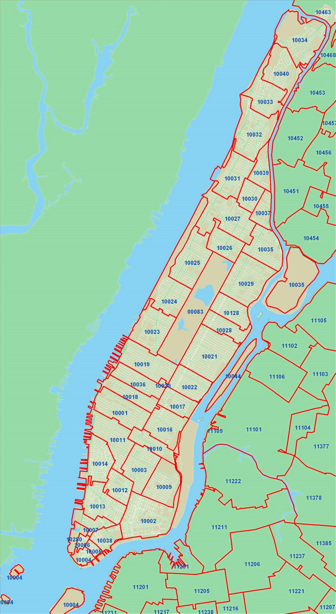 Подробная карта почтовых индексов города Нью-Йорка