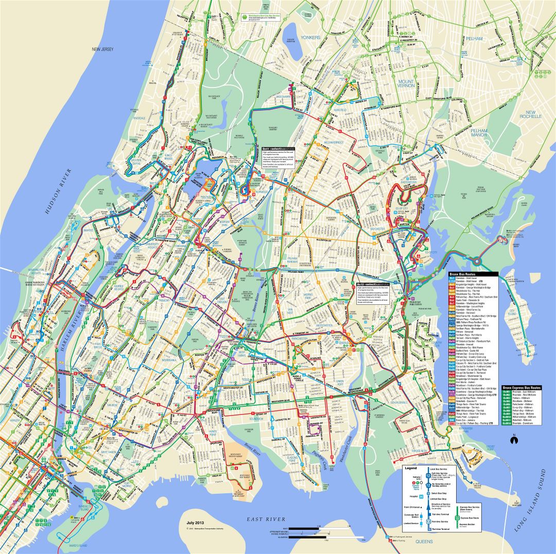 Большая подробная карта автобусных маршрутов Бронкса, Нью-Йорк