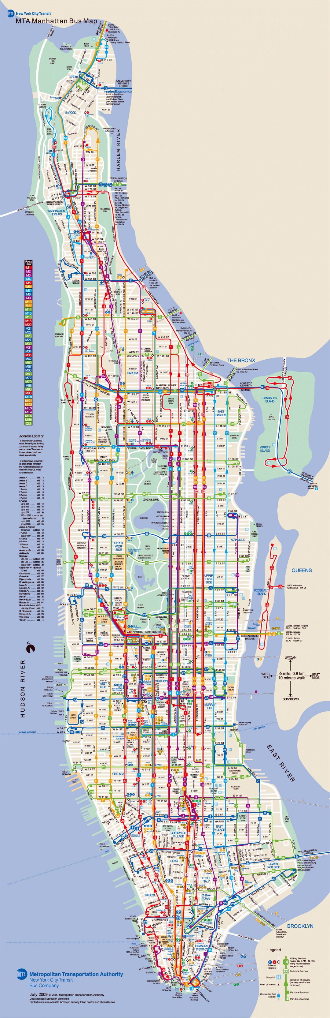 Большая подробная карта автобусных маршрутов Манхэттена