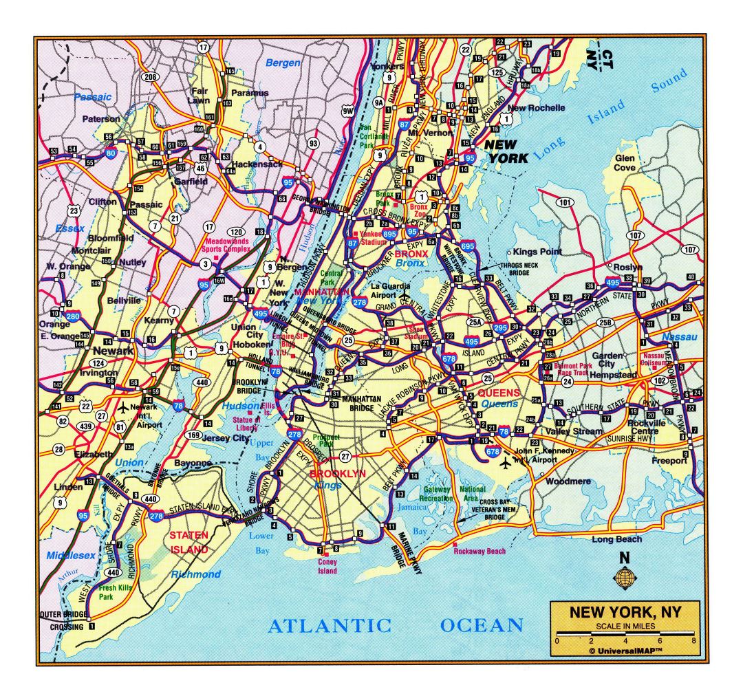 Большая детальная карта автомобильных дорог района города Нью-Йорка