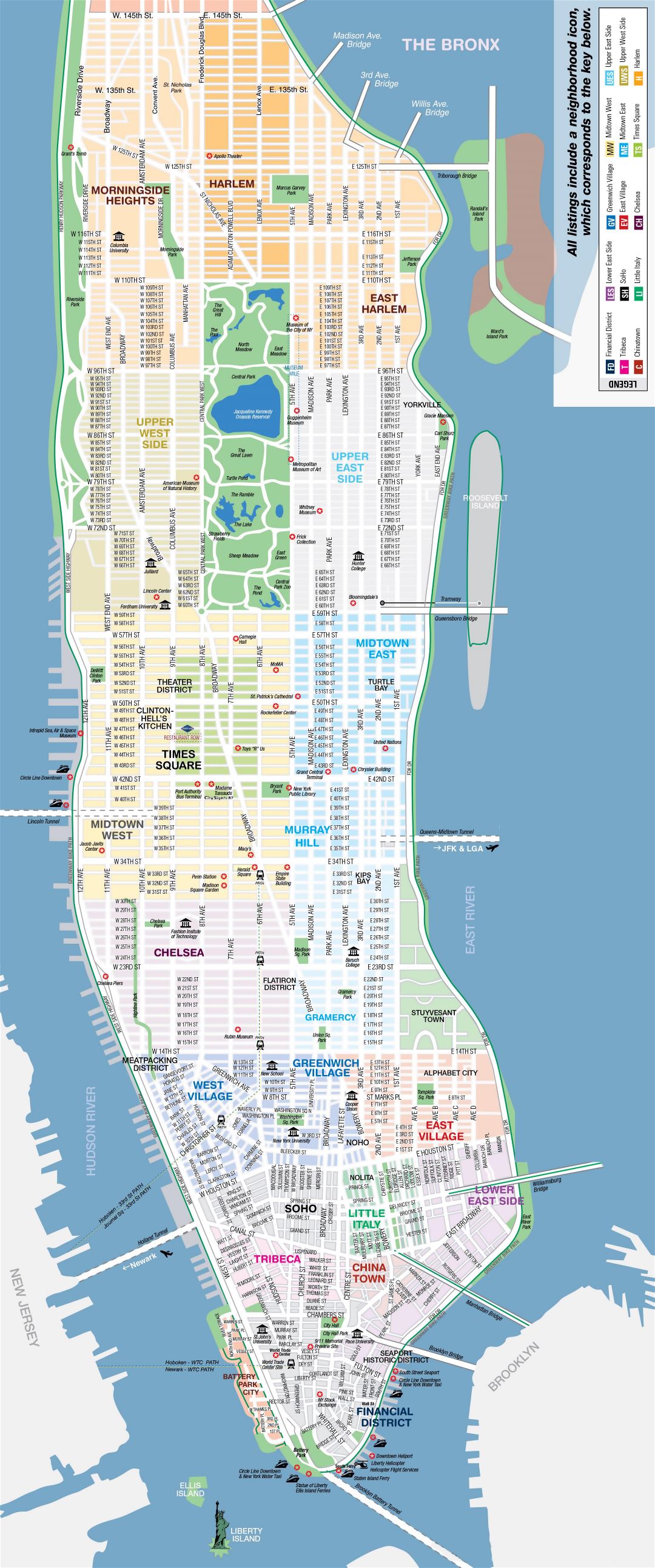 Большая детальная карта Нью-Йорка, главных туристических достопримечательностей Манхэттена с улицами и проспектами