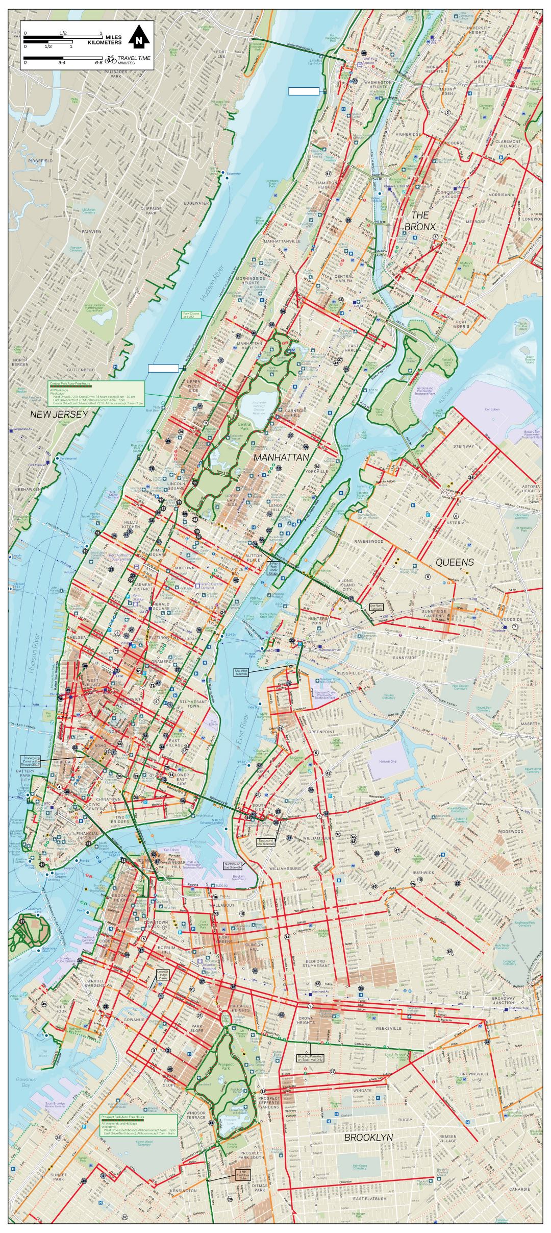 Большая подробная велосипедная карта Нью-Йорка, Манхэттена, Бронкса, Квинса и Бруклина