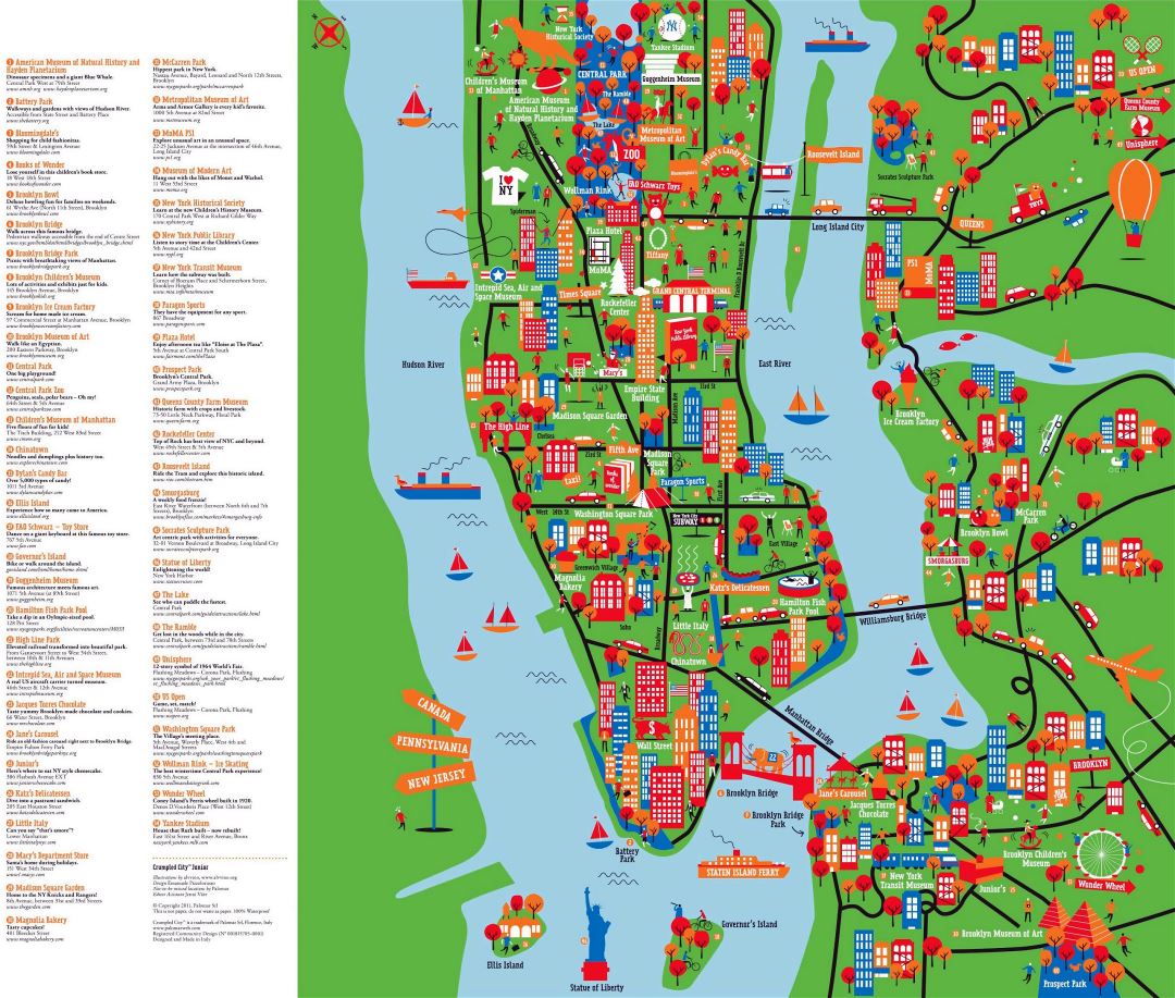 Большая подробная карта туристических достопримечательностей Нью-Йорка