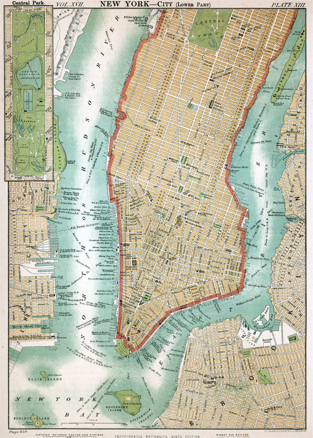 Большая детальная старая карта Манхэттена