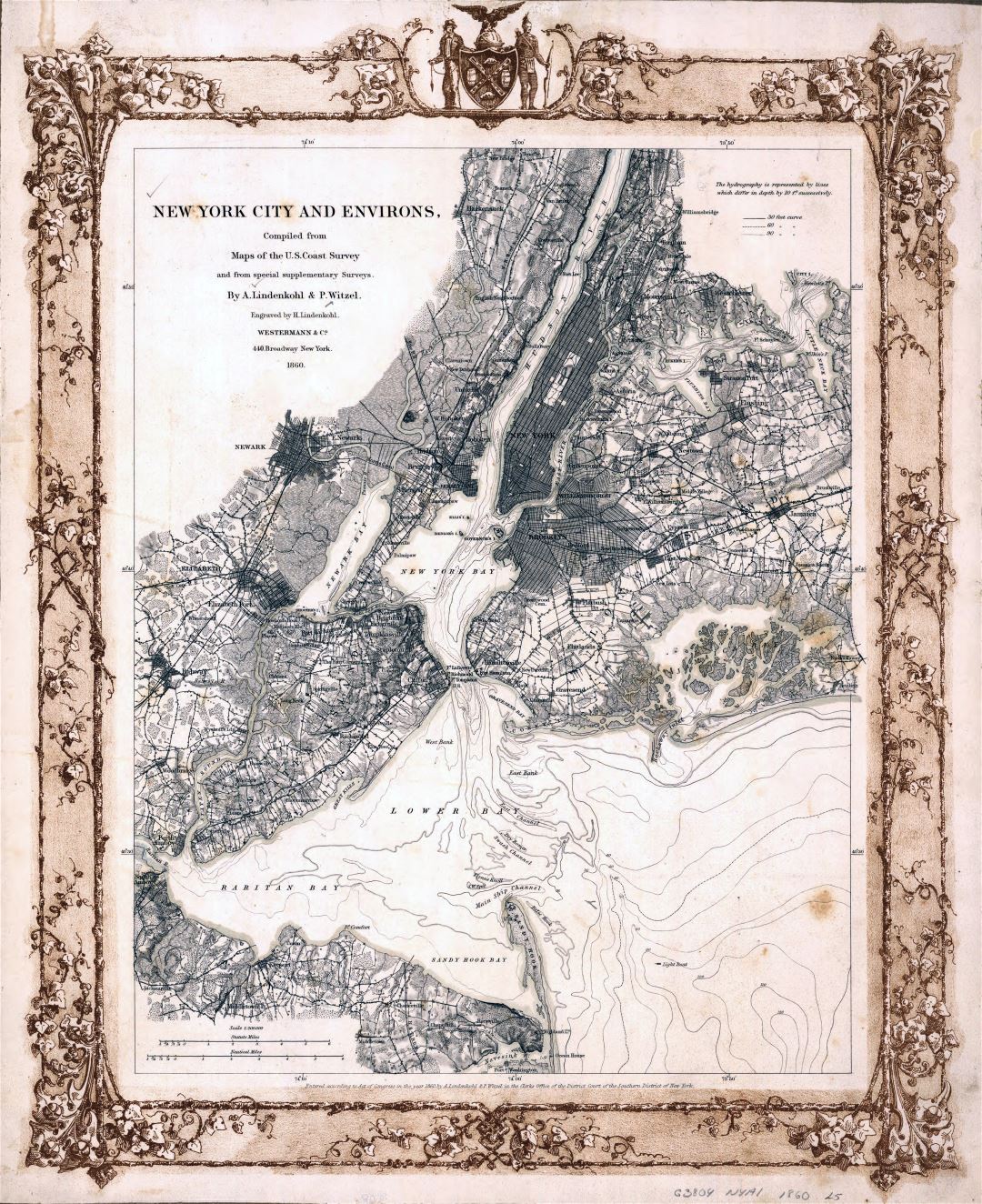 Большая подробная старая карта города Нью-Йорка и окрестностей - 1860
