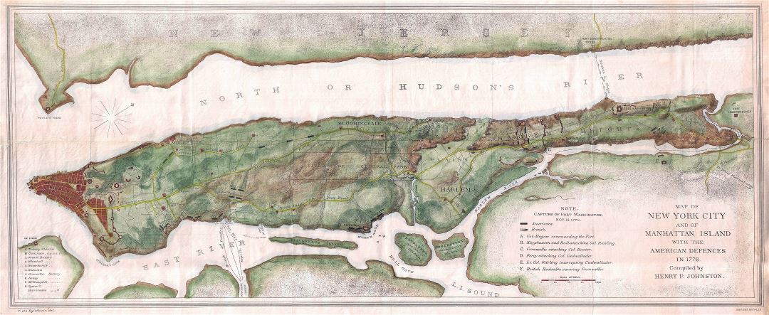 Большая детальная старая карта города Нью-Йорка и острова Манхэттен с американской обороной в 1776