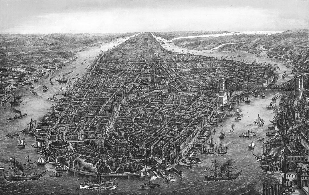 Большая подробная старая панорамная карта Манхэттена, город Нью-Йорк - 1873