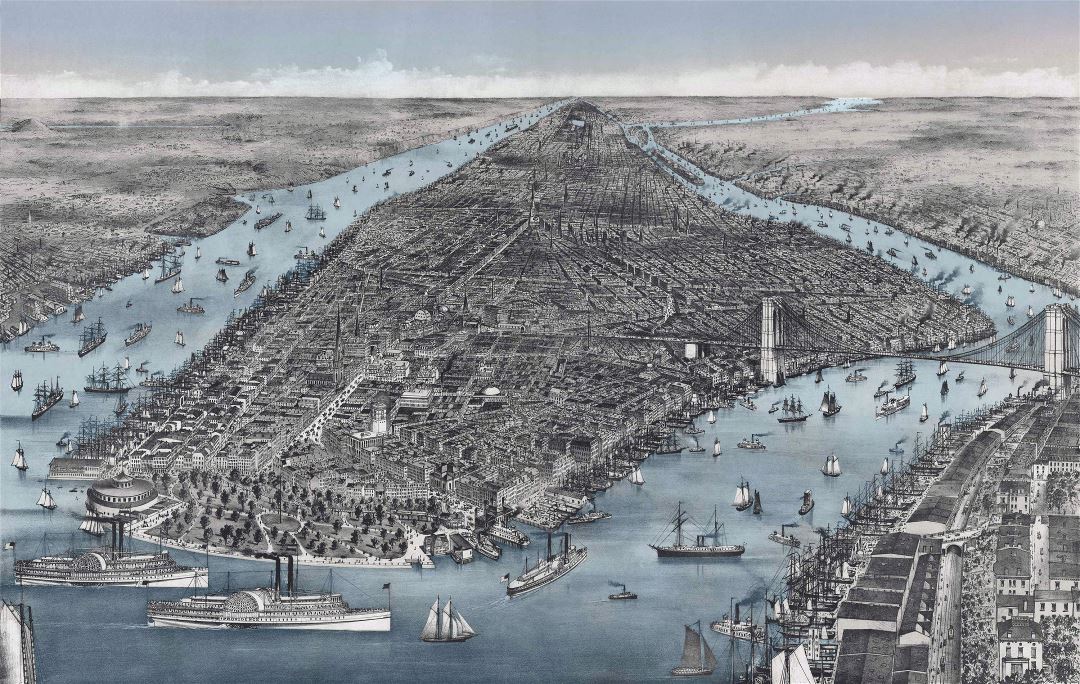 Большая детальная старая панорамная карта Манхэттена, город Нью-Йорк - 1886