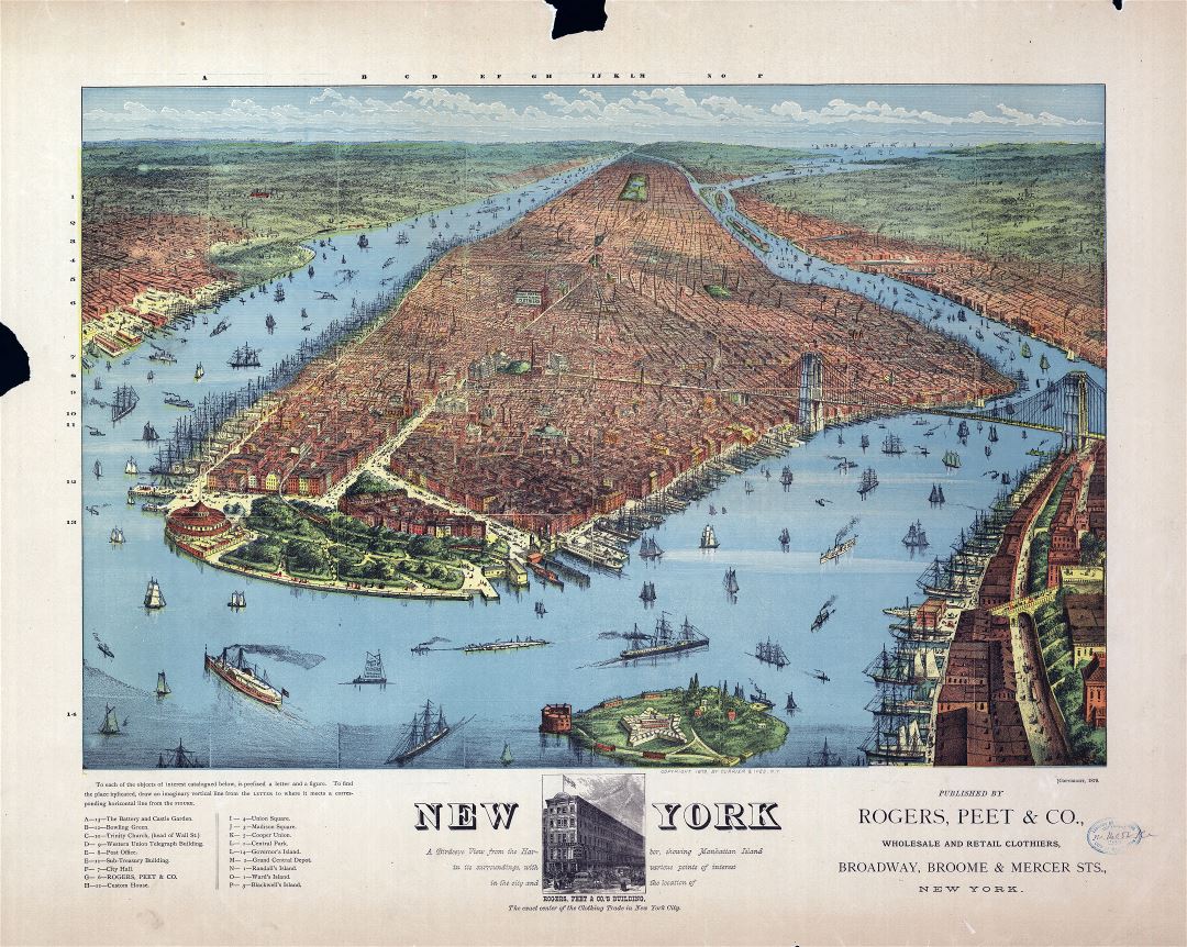 Большая детальная старая панорамная карта Нью-Йорка - 1879