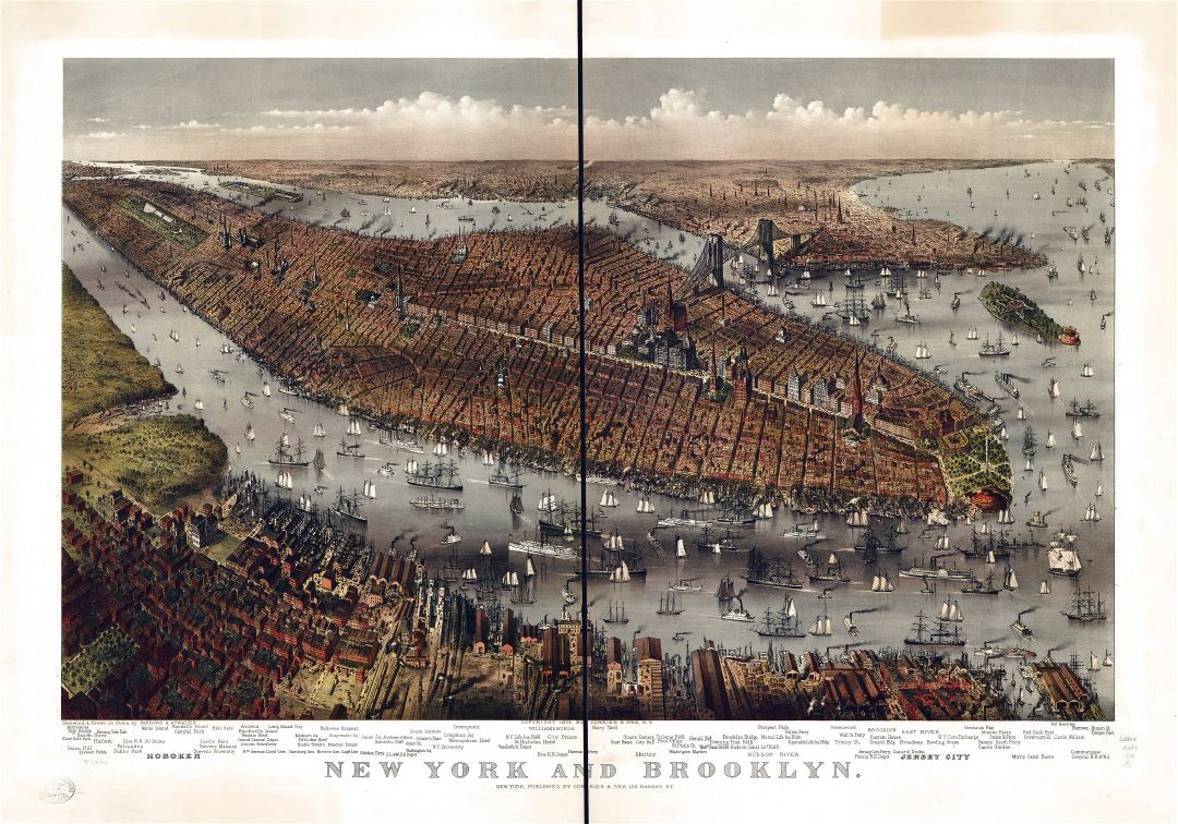 Большая подробная старая панорамная карта Нью-Йорка и Бруклина - 1875