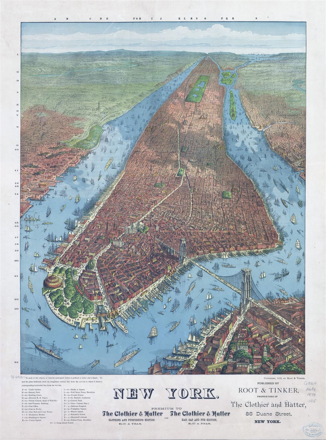 Большая детальная старая панорамная карта города Нью-Йорка - 1879