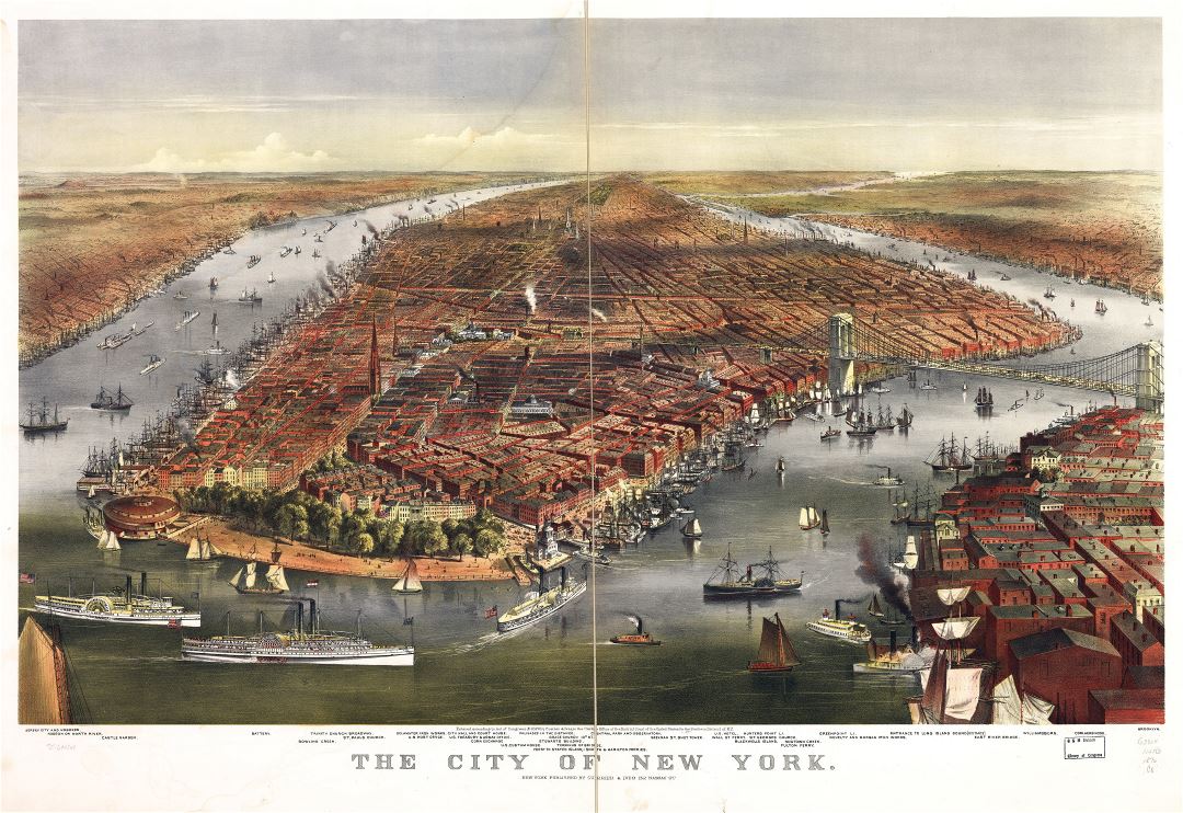 Большая детальная старая панорамная карта города Нью-Йорка - 1870