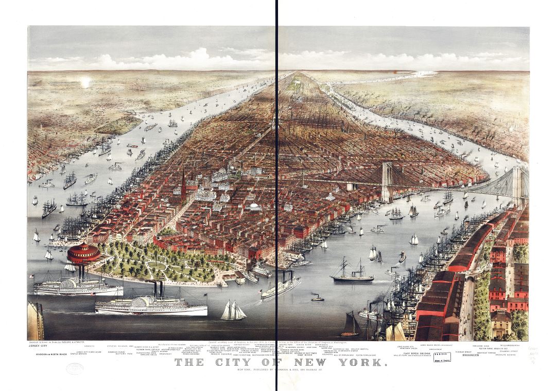 Большая детальная старая панорамная карта города Нью-Йорка - 1876