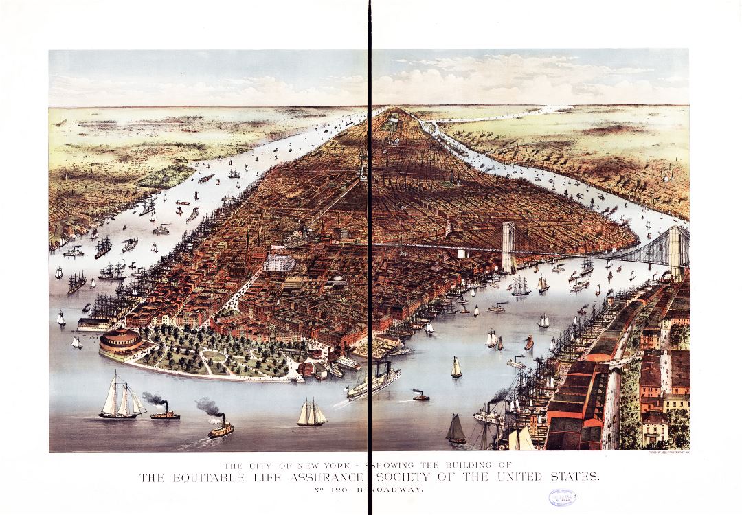 Большая подробная старая панорамная карта города Нью-Йорка - 1883