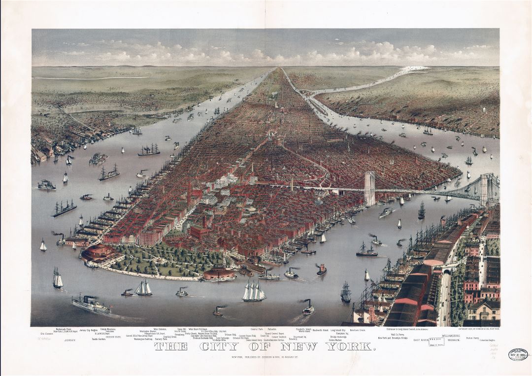 Большая детальная старая панорамная карта города Нью-Йорка - 1884