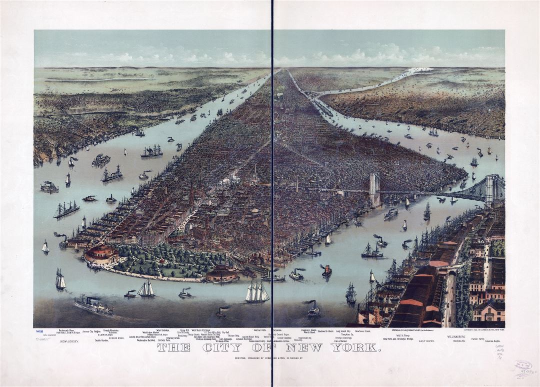 Большая подробная старая панорамная карта города Нью-Йорка - 1892