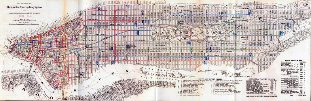 Большая детальная старая карта уличных железных дорог Манхэттена - 1899