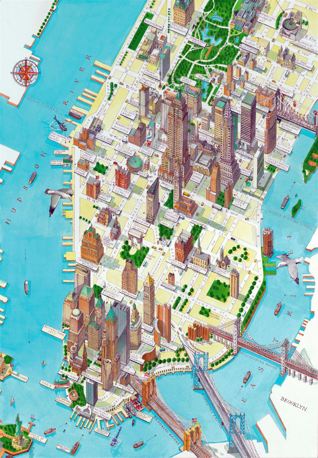 Большая подробная карта с панорамным рисунком Нижнего Манхэттена, город Нью-Йорк