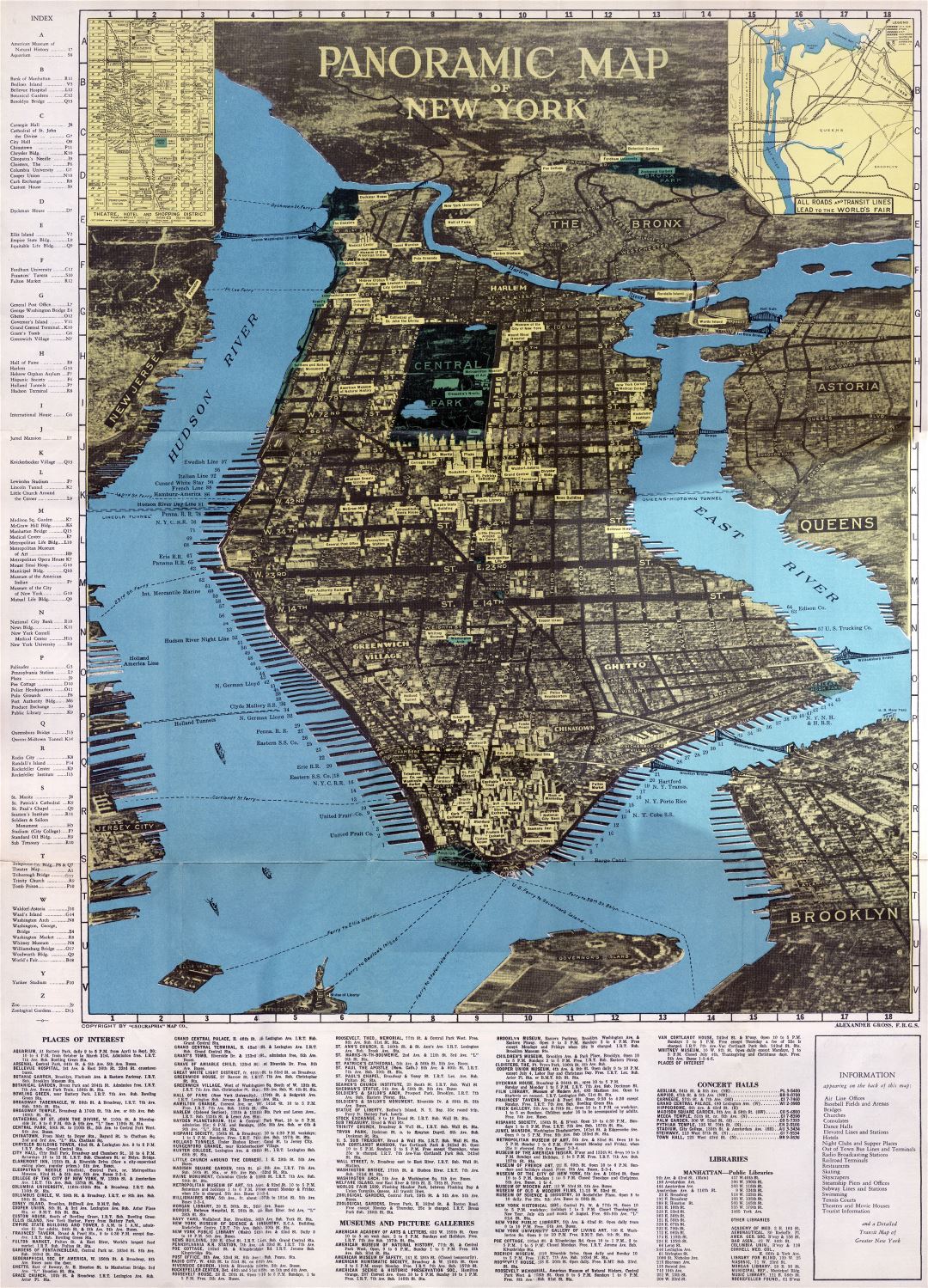 Большая детальная панорамная карта Манхэттена, город Нью-Йорк