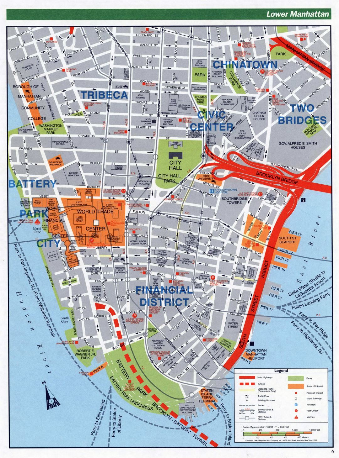 Большая детальная карта дорог Нижнего Манхэттена, Нью-Йорк