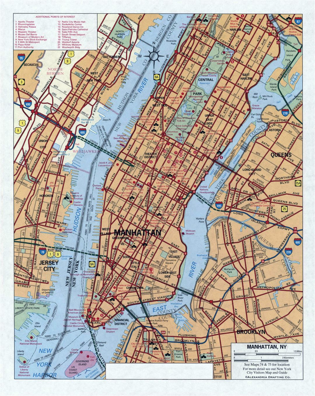 Большая подробная карта дорог Манхэттена, Нью-Йорк
