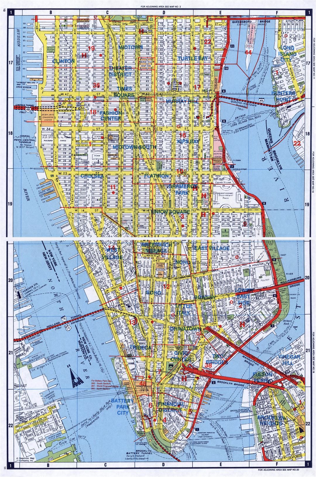 Большая детальная карта дорог Южного Манхэттена, Нью-Йорк