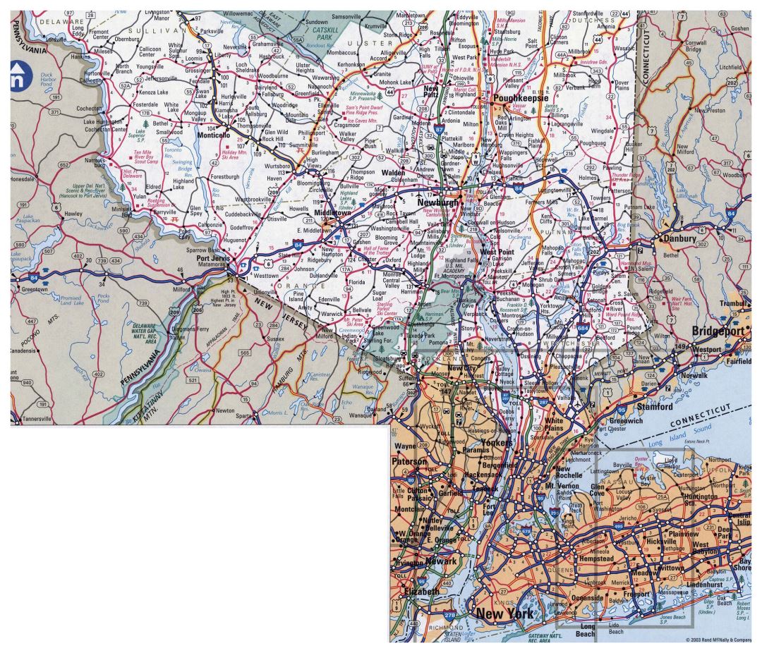Большая детальная карта дорог и автомагистралей Нью-Йорка и окрестных районов