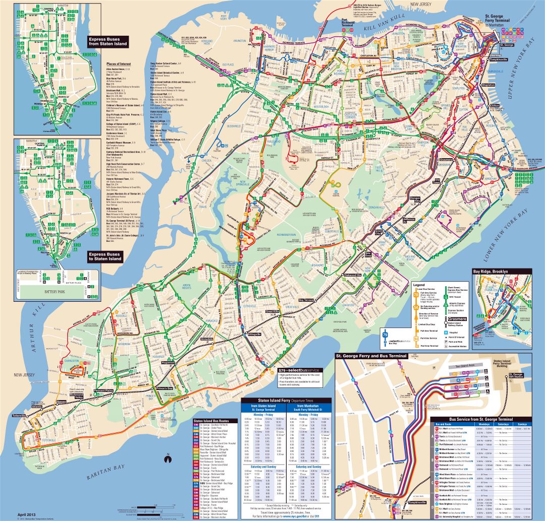 Большая подробная карта автобусных маршрутов Статен-Айленда, Нью-Йорк