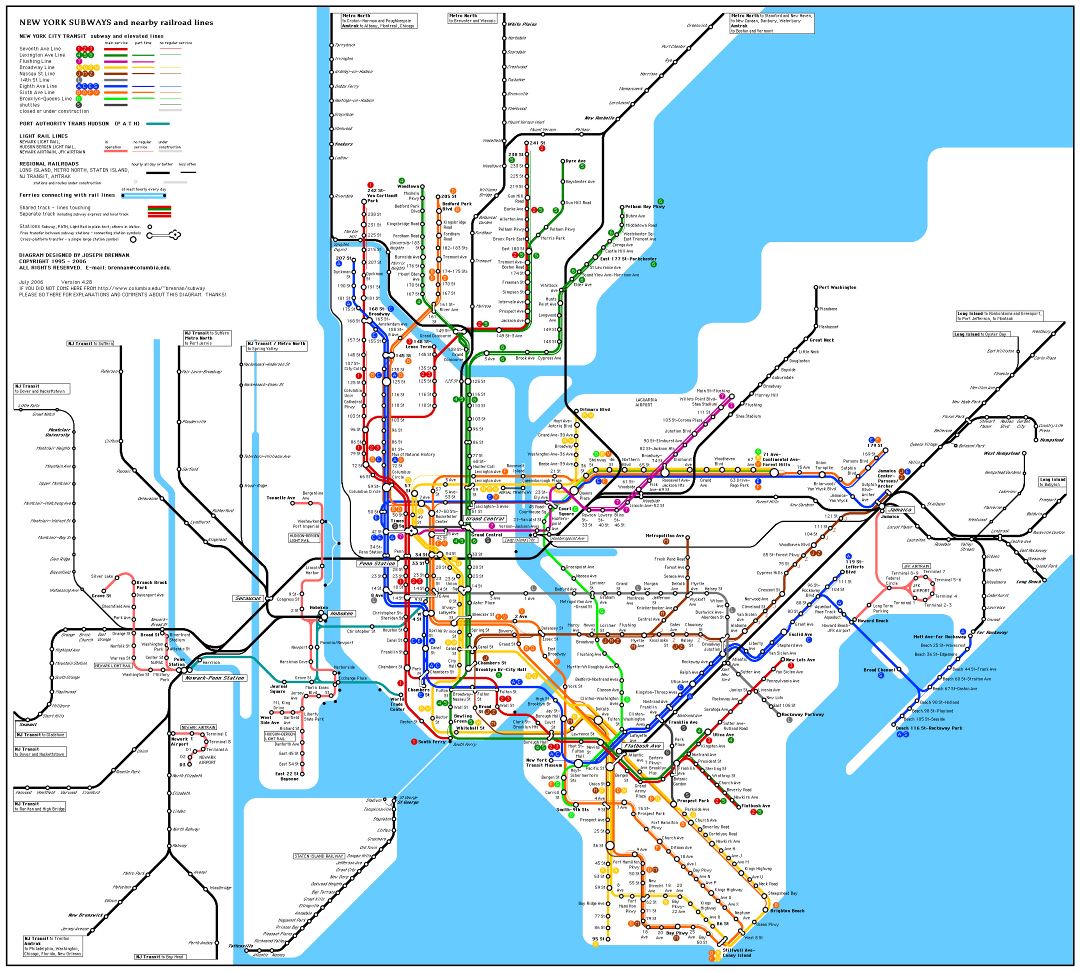 Большая детальная карта метро города Нью-Йорка, США