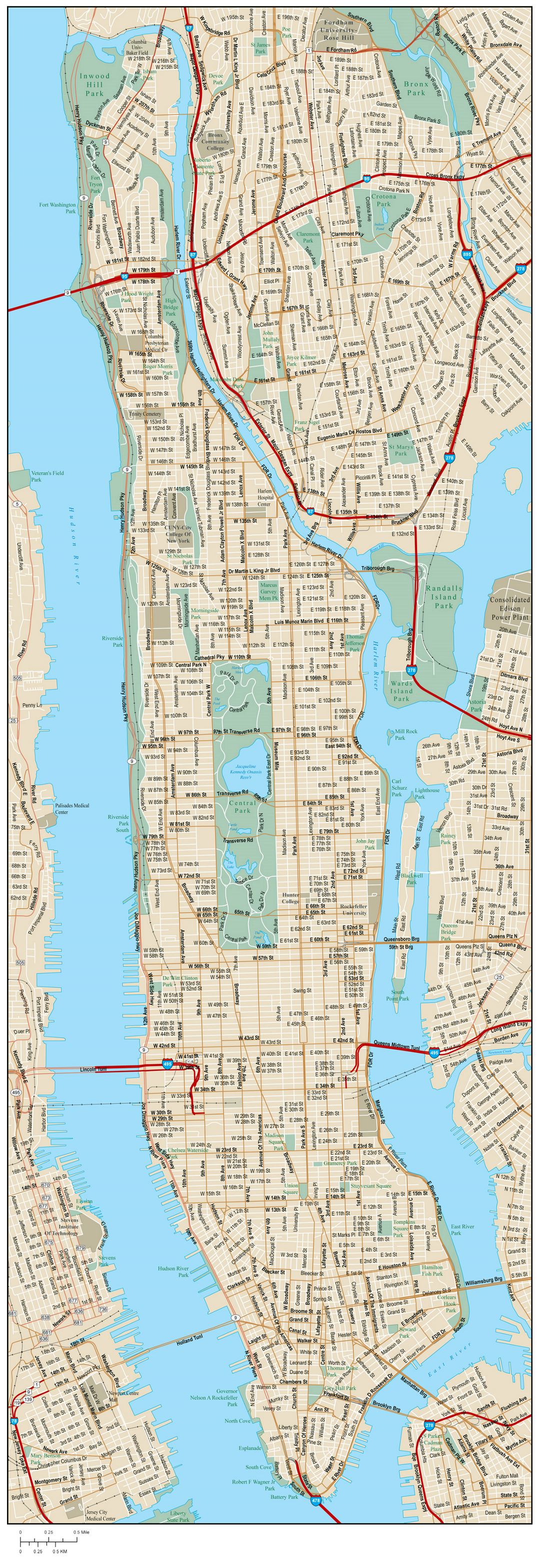 Большая карта дорог Манхэттена с названиями улиц