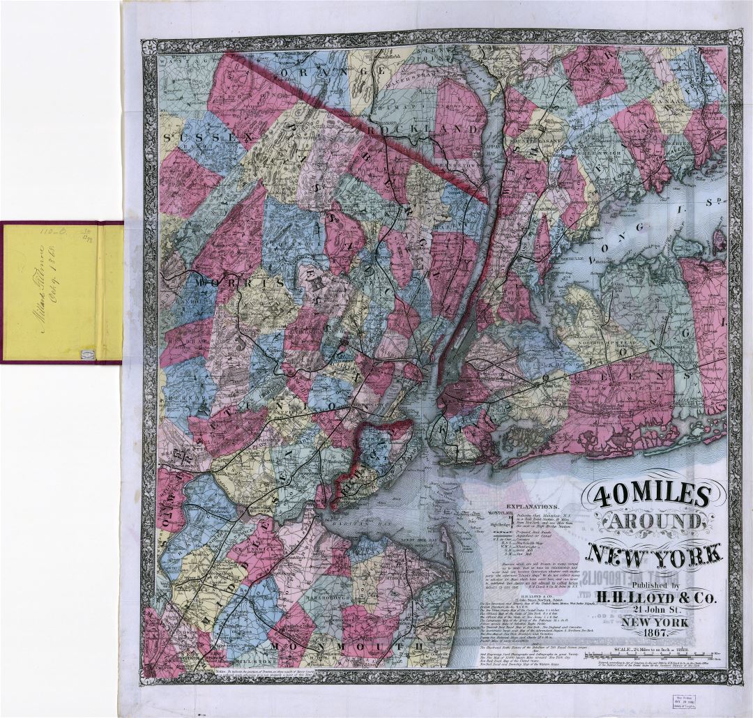 Крупномасштабная детальная старая карта 40 миль вокруг Нью-Йорка - 1867