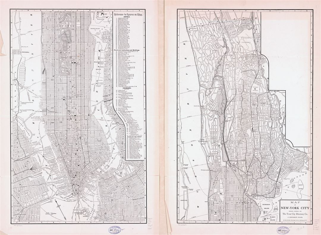 Крупномасштабная подробная старая карта города Нью-Йорка - 1884
